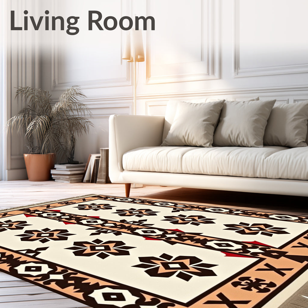 Cream and Brown Geometric Medallion Rug