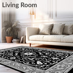 Black White Floral Scroll Medallion Rug