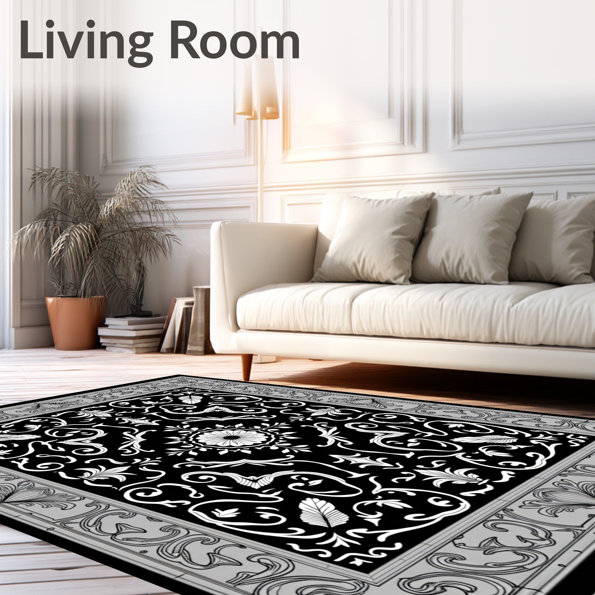 Black White Floral Scroll Medallion Rug