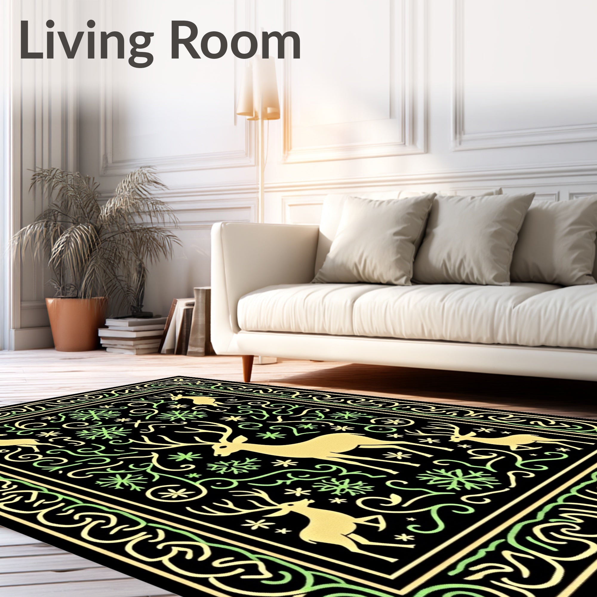 Golden Deer And Snowflake Forest Rug