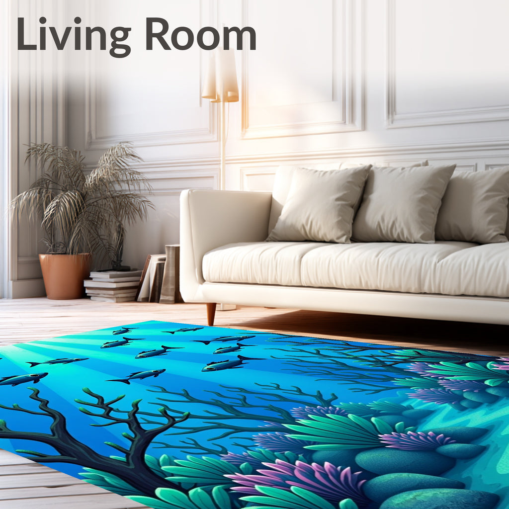 Deep Blue Schooling Fish Underwater Scene Rug