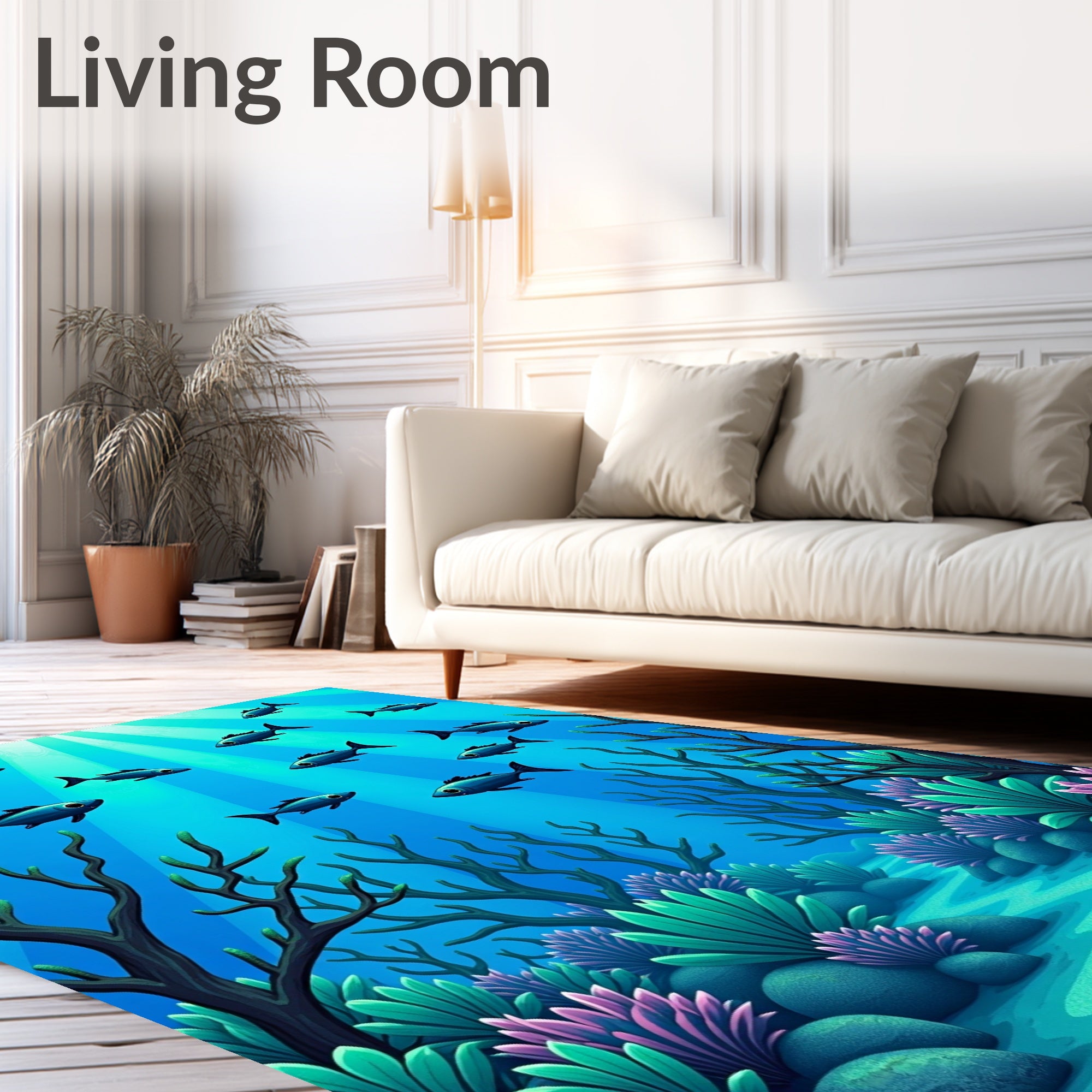 Deep Blue Schooling Fish Underwater Scene Rug