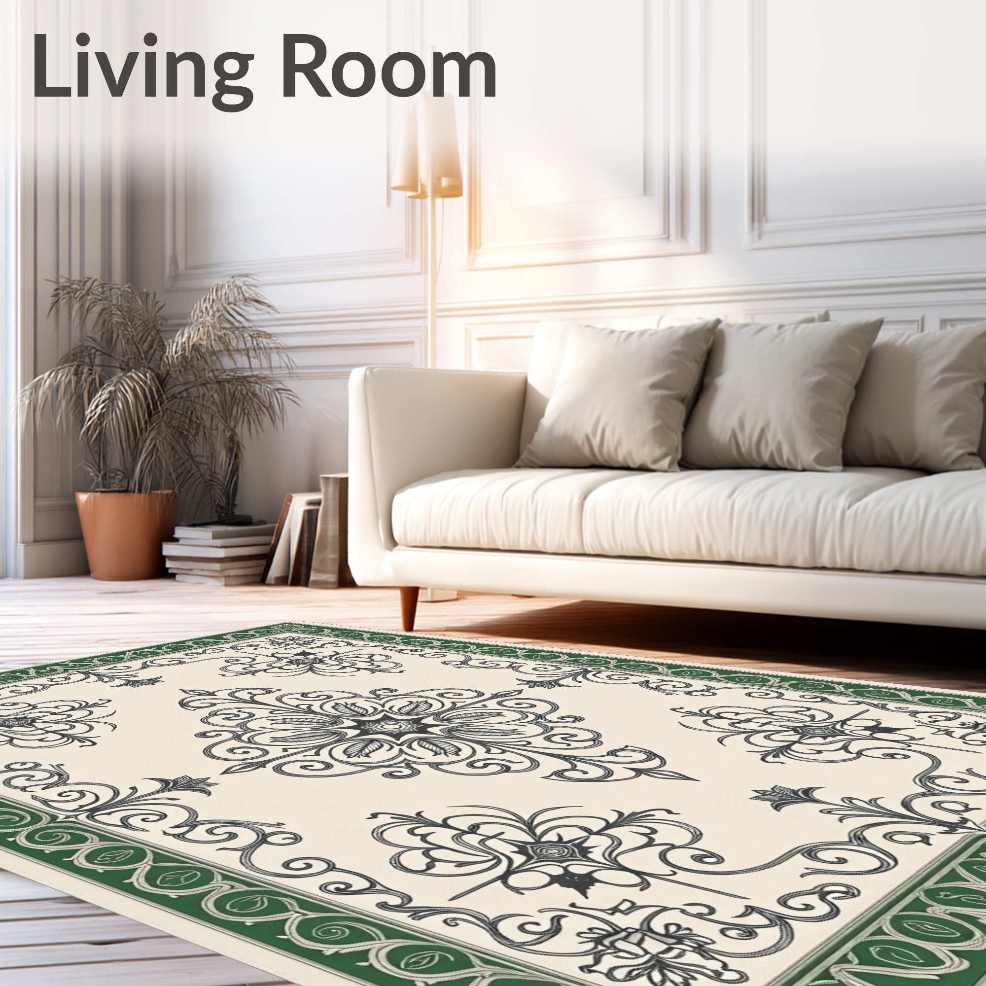 Cream Green Baroque Floral Medallion Rug