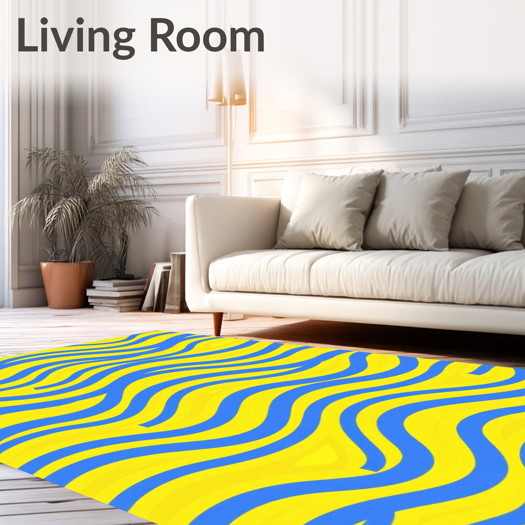 Bright Yellow Blue Wavy Stripes Rug