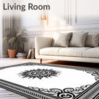 Ornate Black Sunburst Mandala Border Rug