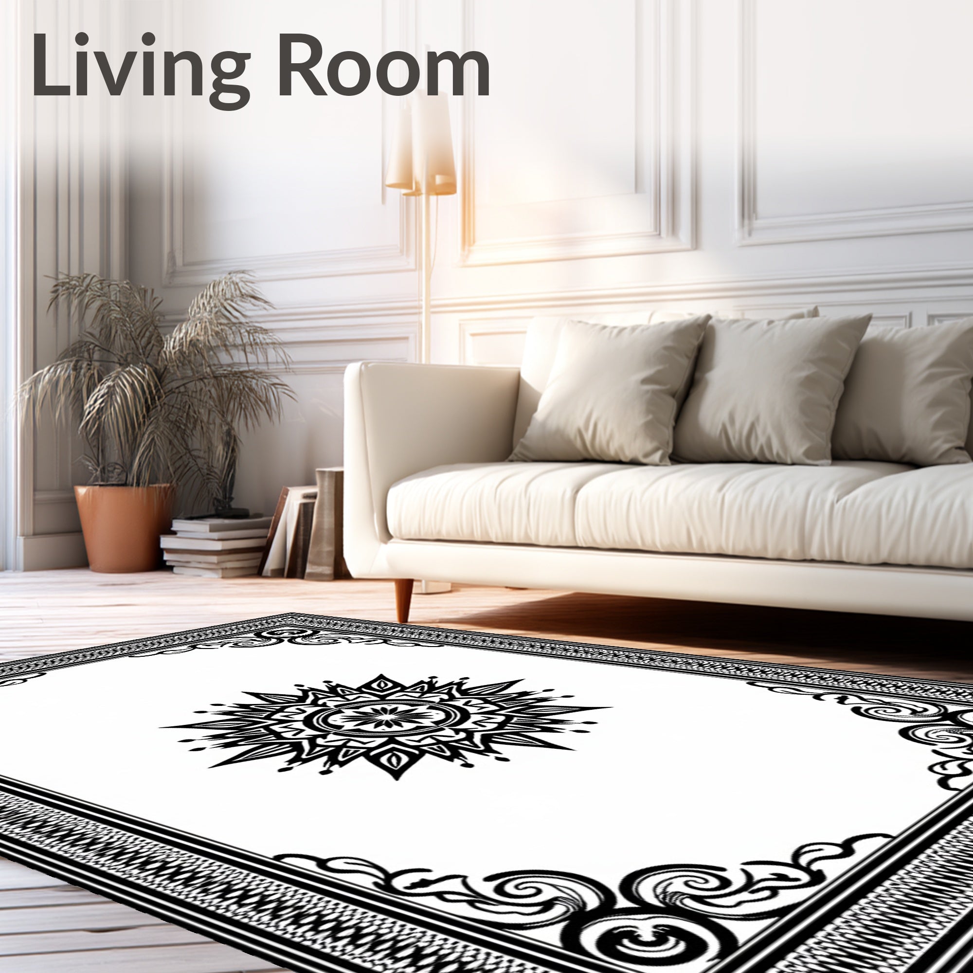 Ornate Black Sunburst Mandala Border Rug