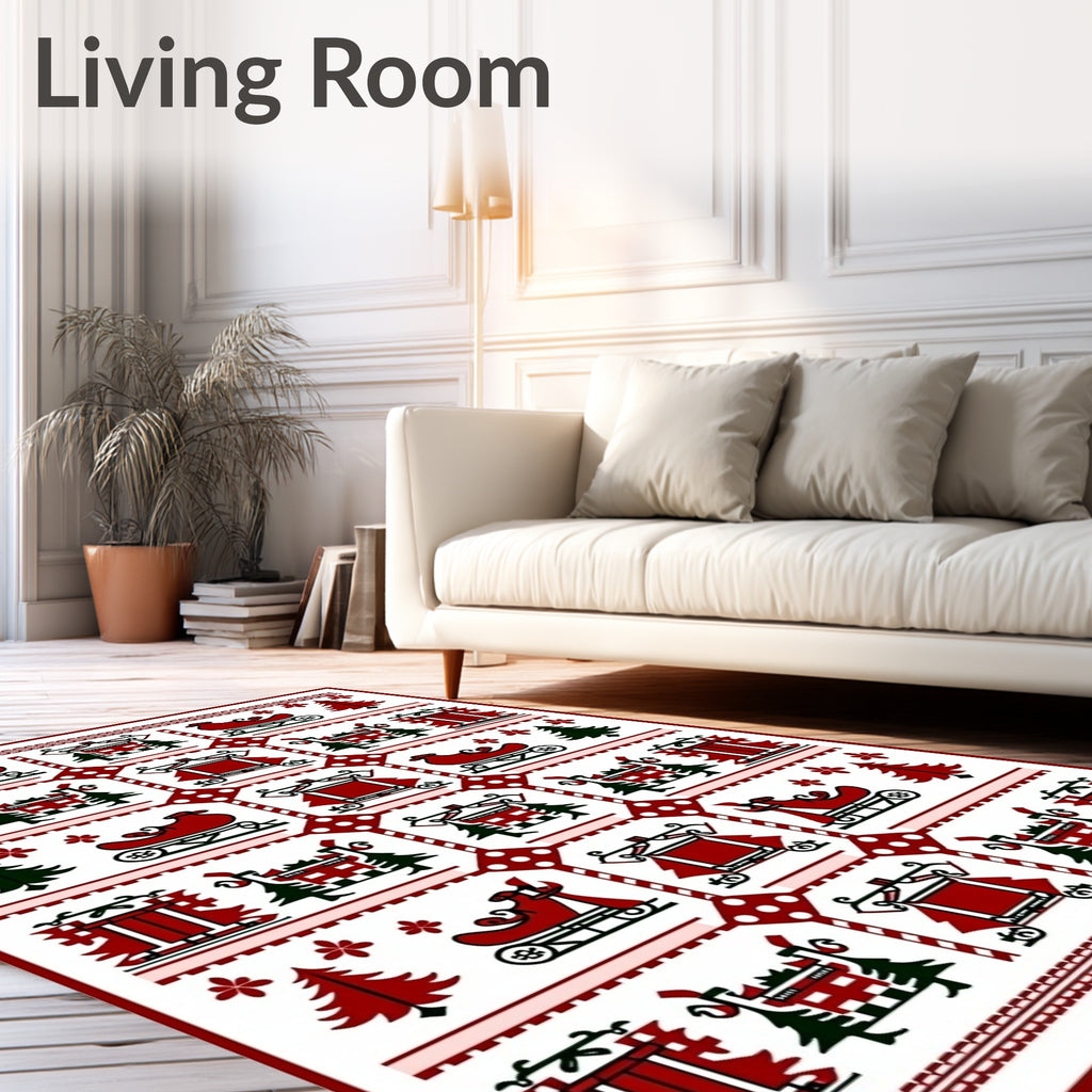 Crimson Red Christmas Sleigh Trees Rug