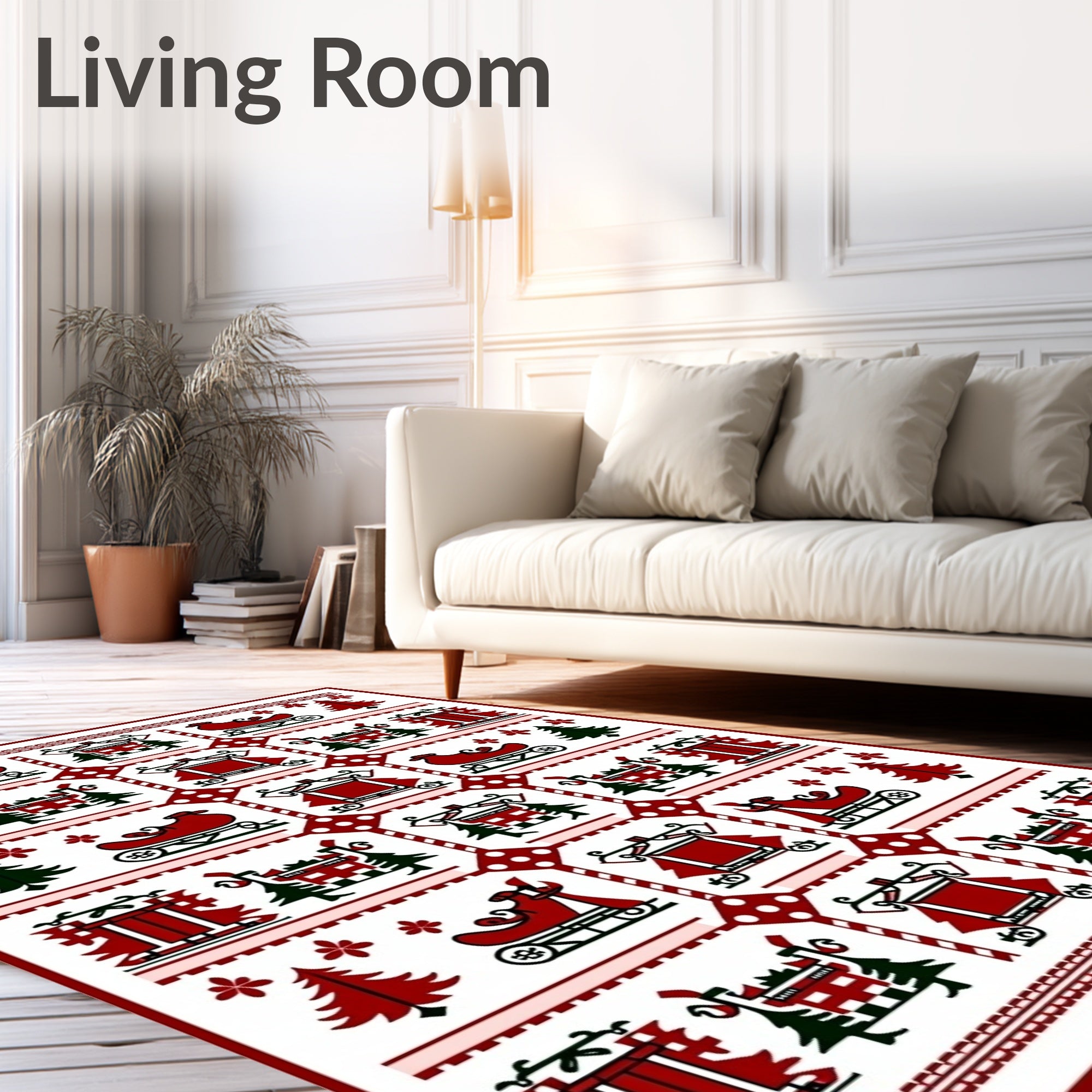 Crimson Red Christmas Sleigh Trees Rug