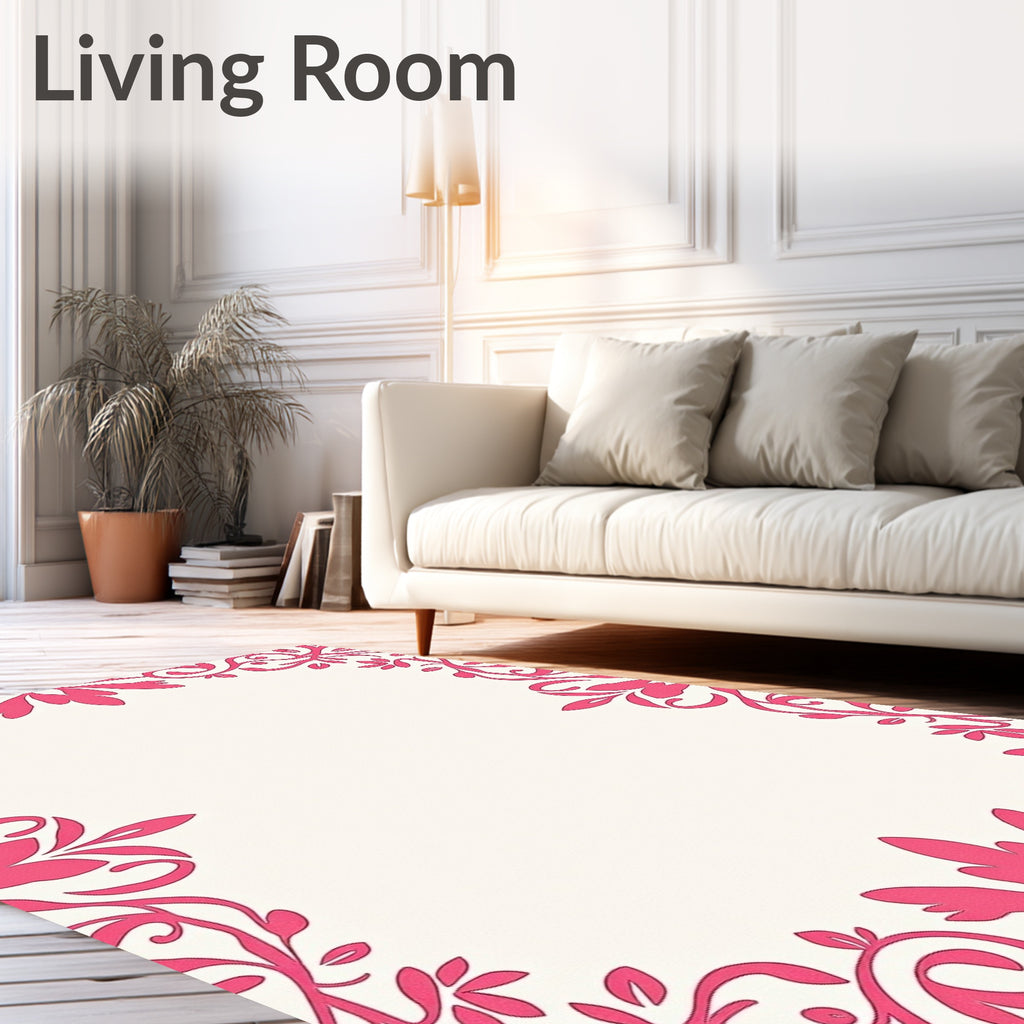 Elegant Pink Floral Vines Border Rug