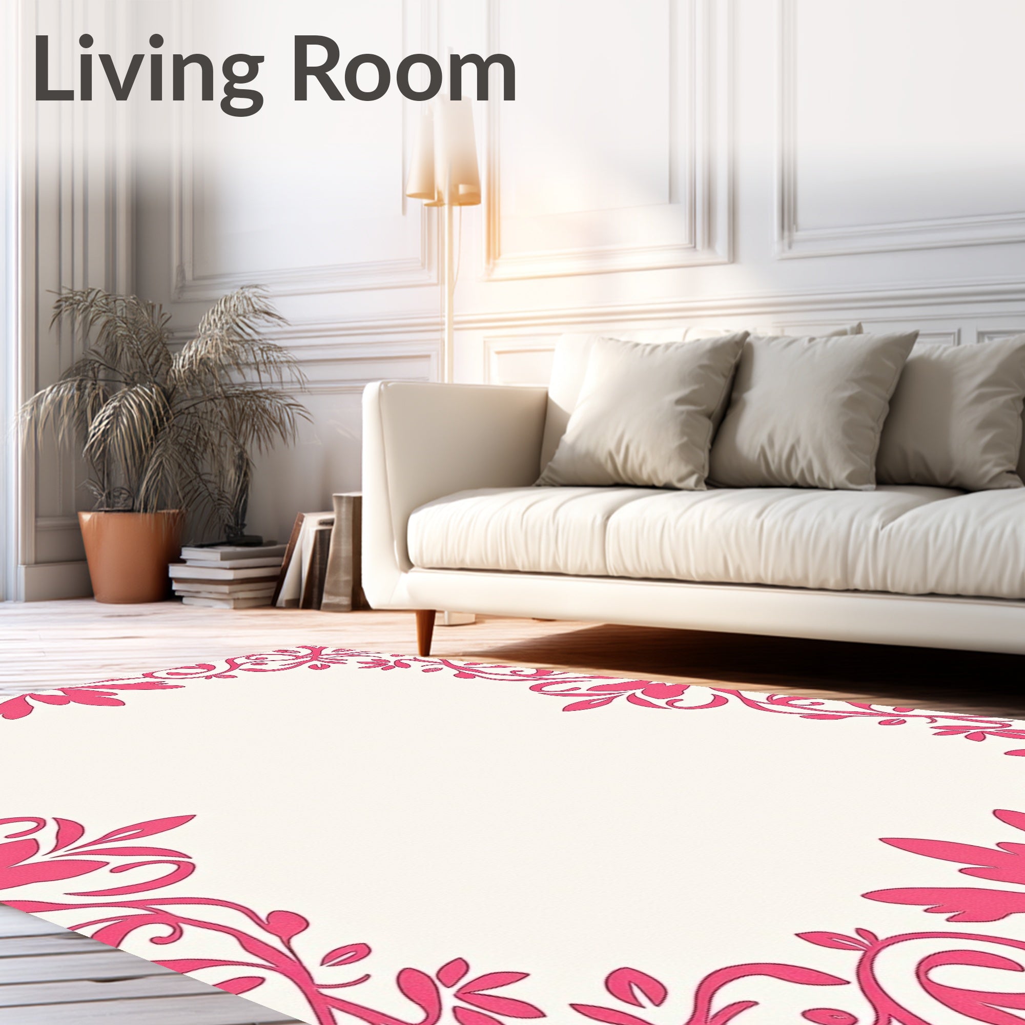 Elegant Pink Floral Vines Border Rug