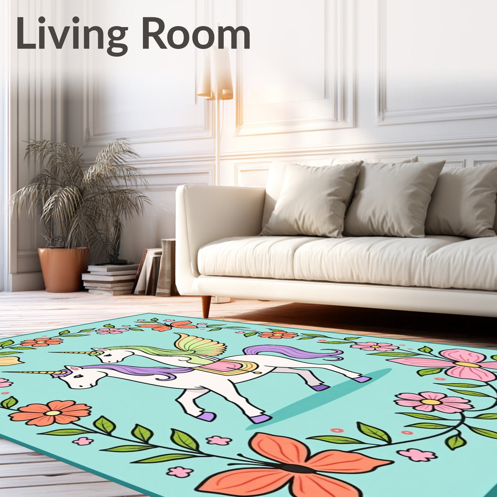 Whimsical Twin Unicorns Floral Butterfly Frame Rug