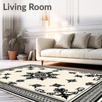 Cream Black Ornate Floral Medallion Rug