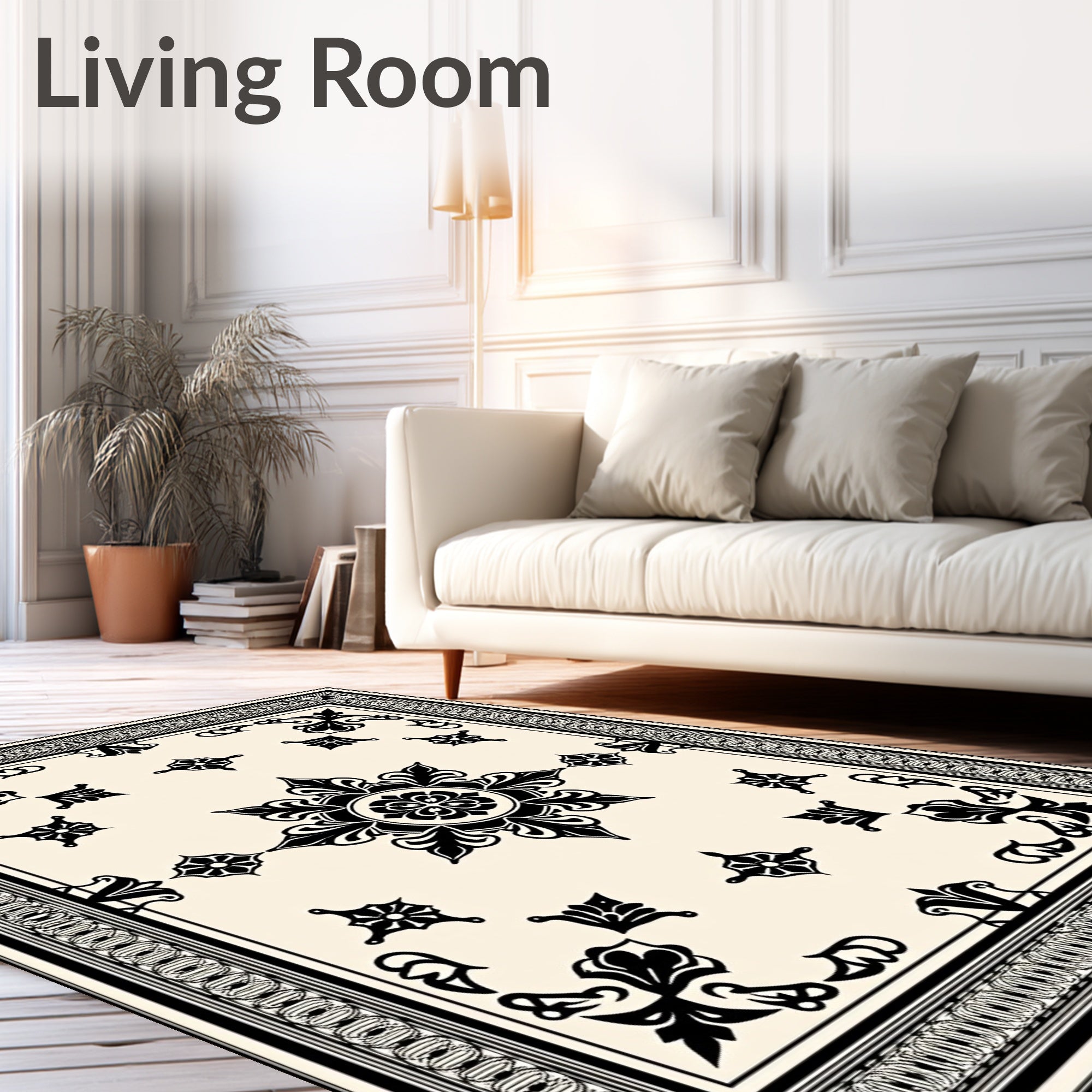 Cream Black Ornate Floral Medallion Rug