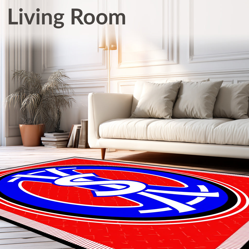 Red and Blue Oval Monogram Emblem Rug