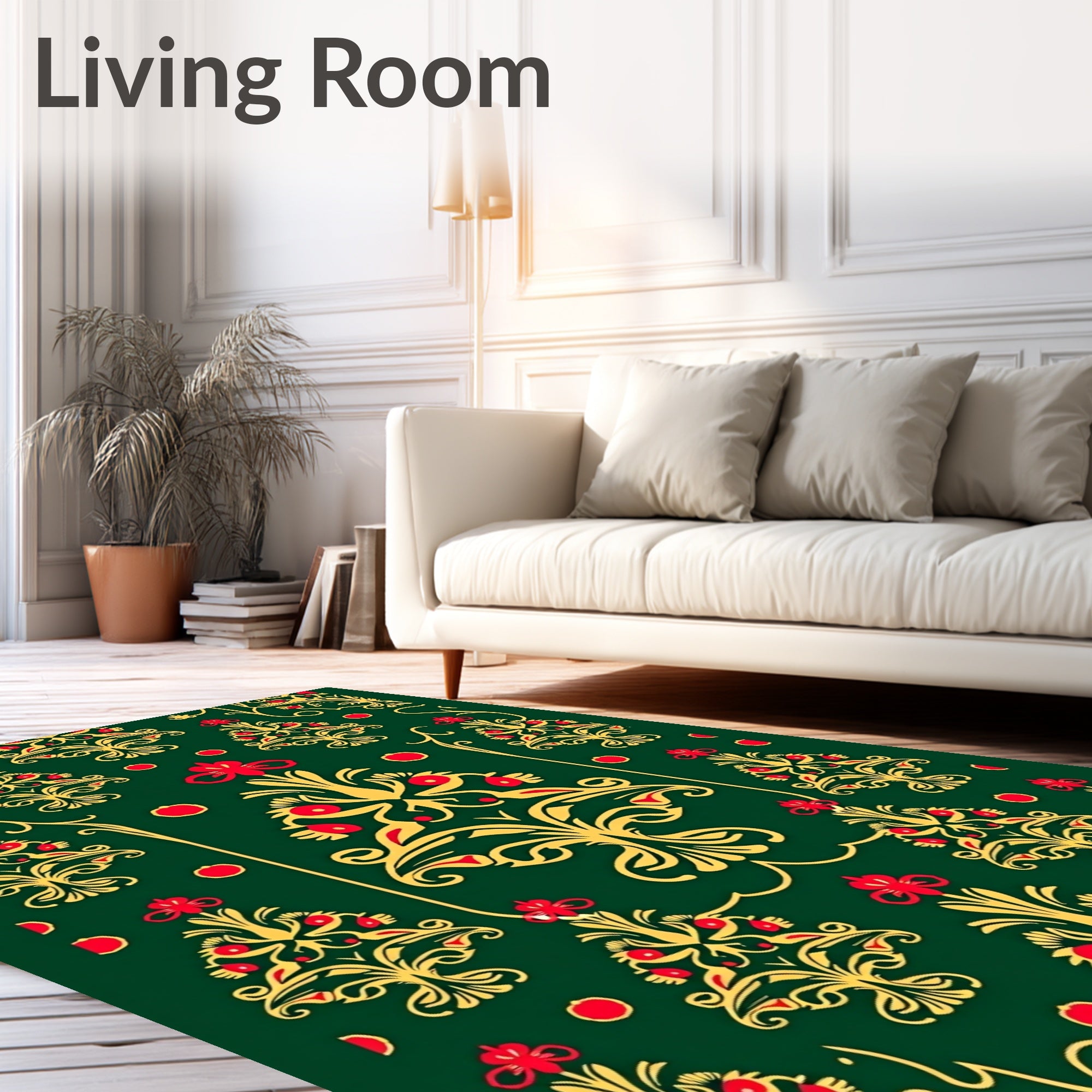Green Red Gold Floral Garland Rug