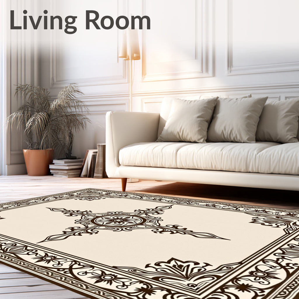 Elegant Cream Brown Scroll Medallion Rug