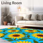 Yellow Sunflower Garden With Blue Background Rug