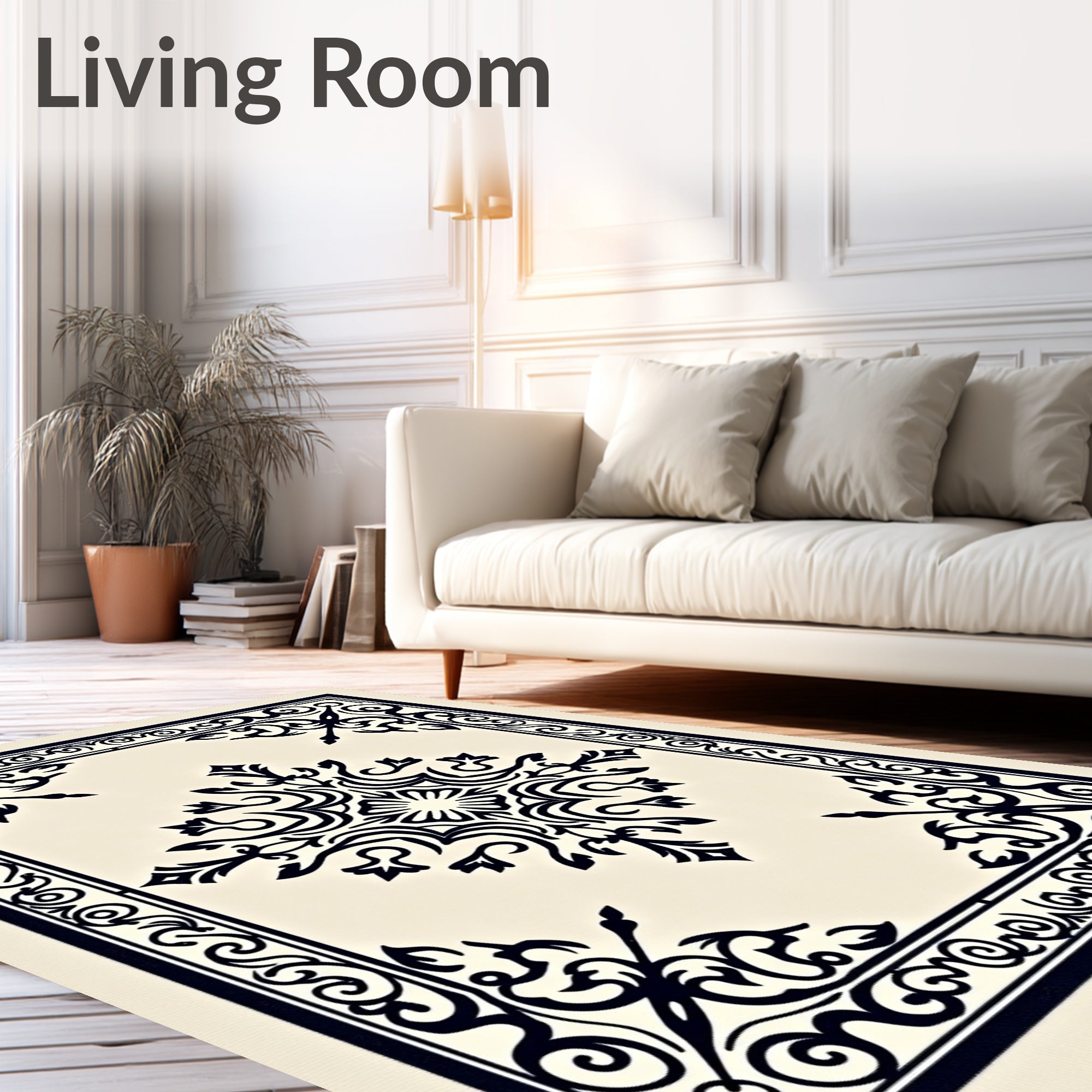 Black Ivory Ornate Medallion Frame Rug