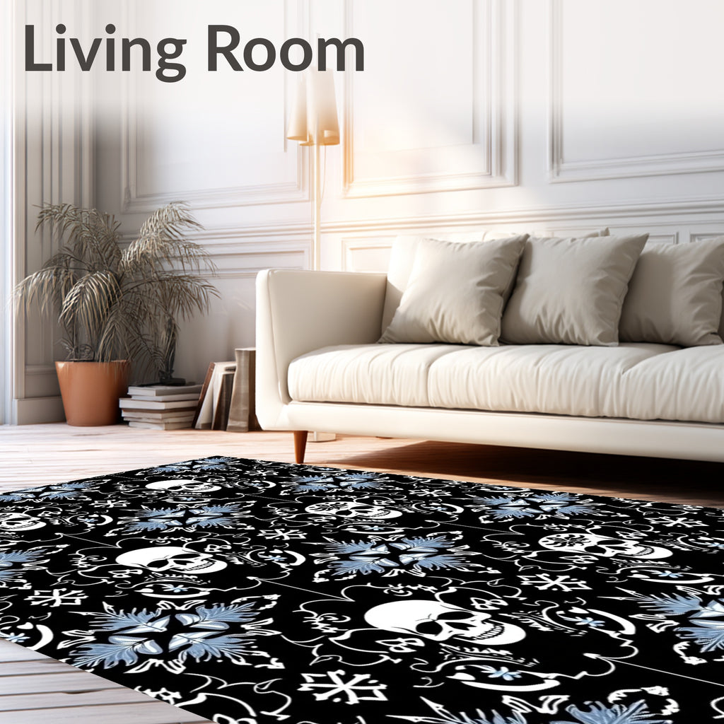 Black Skull Floral Damask Rug