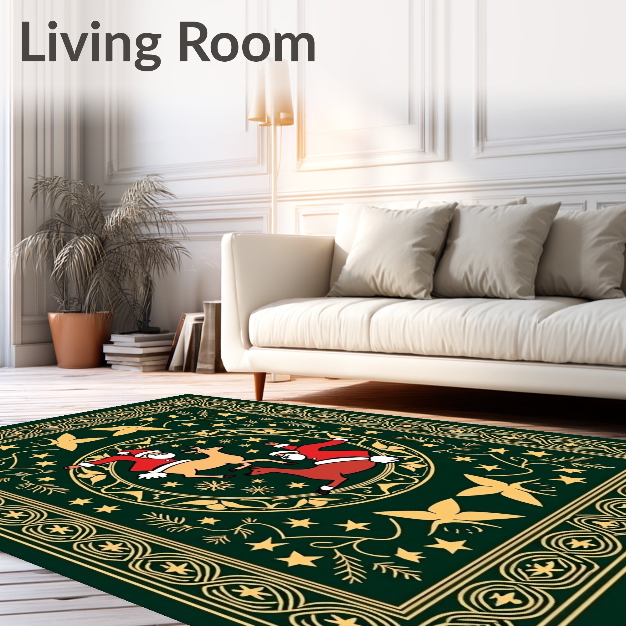 Festive Santa Reindeer Sleigh Round Rug