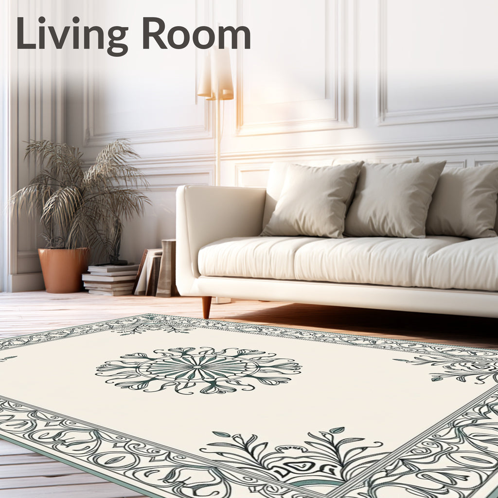 Elegant Teal Floral Medallion Border Rug