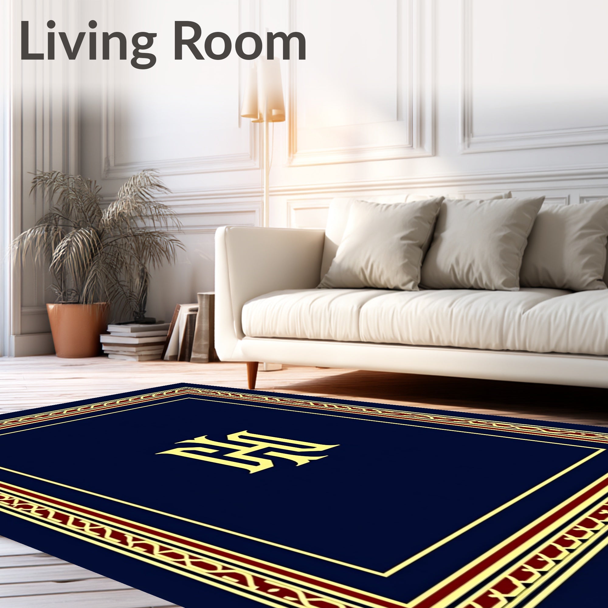 Regal Navy Gold Crimson Monogram Border Rug