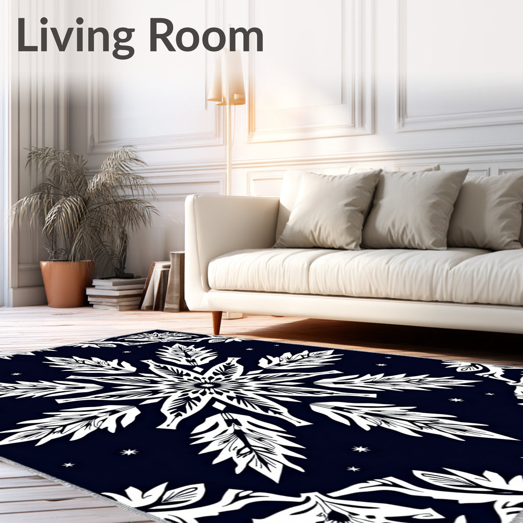 Dark Blue White Snowflake Mandala Rug