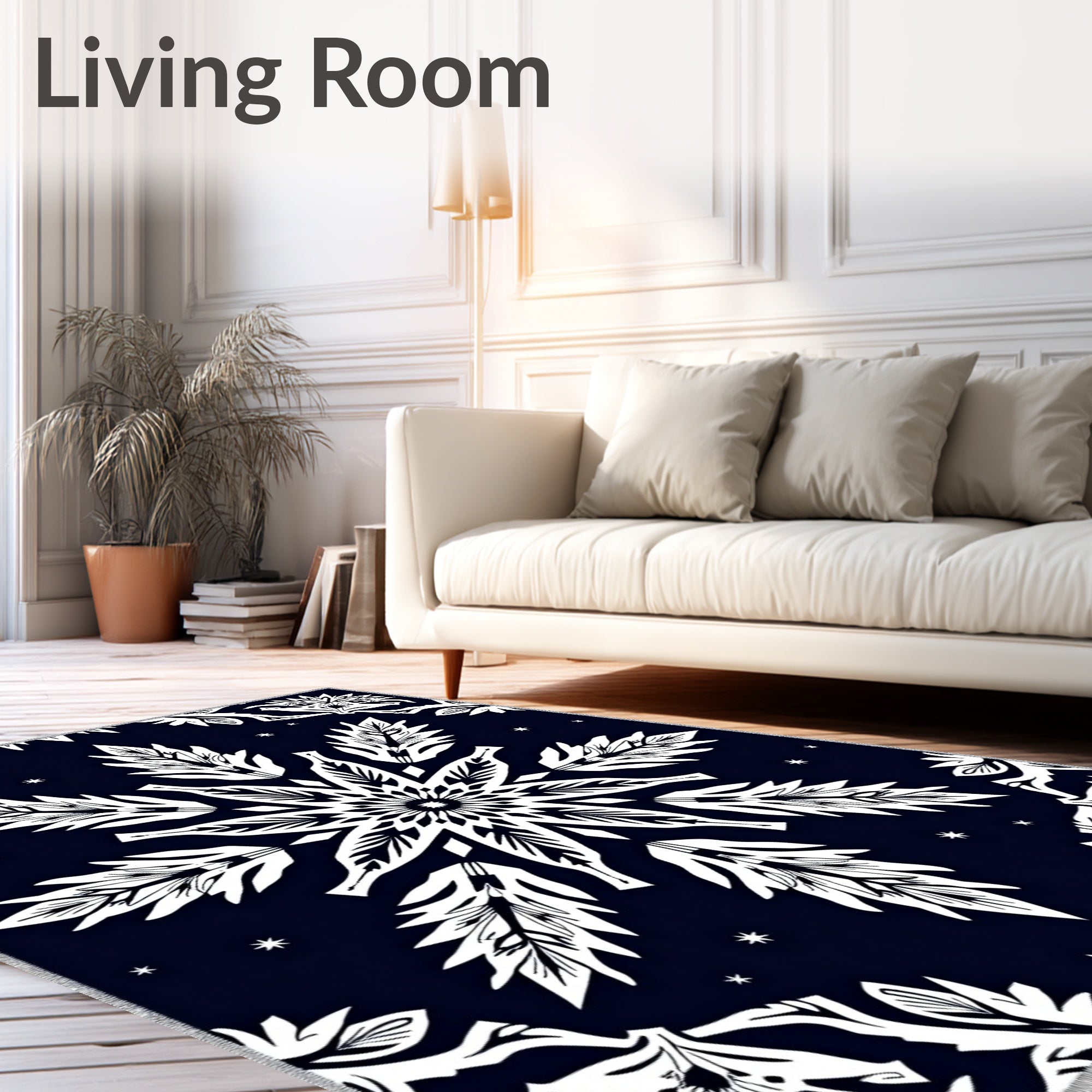 Dark Blue White Snowflake Mandala Rug