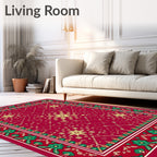 Crimson Red Golden Floral Border Rug