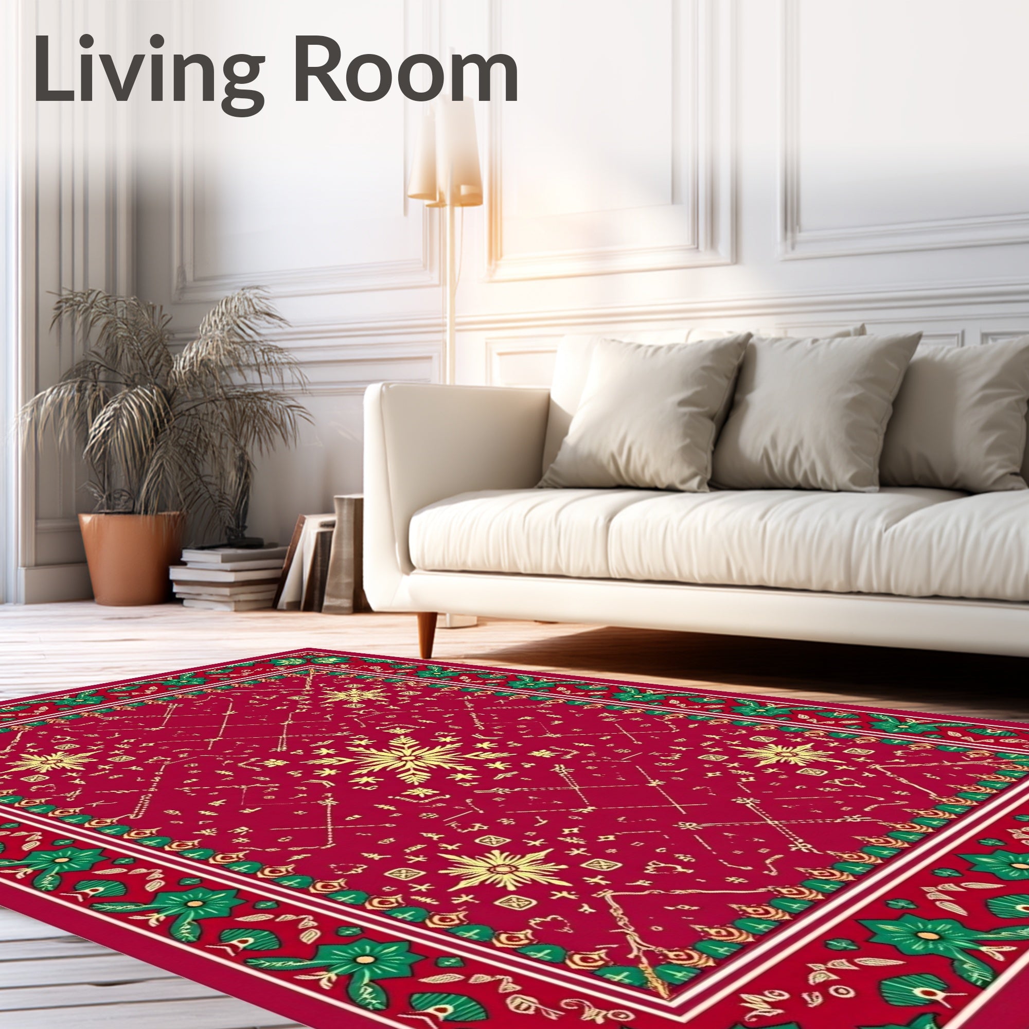 Crimson Red Golden Floral Border Rug