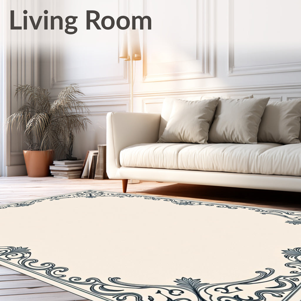 Elegant Black Vine Scroll Border Rug