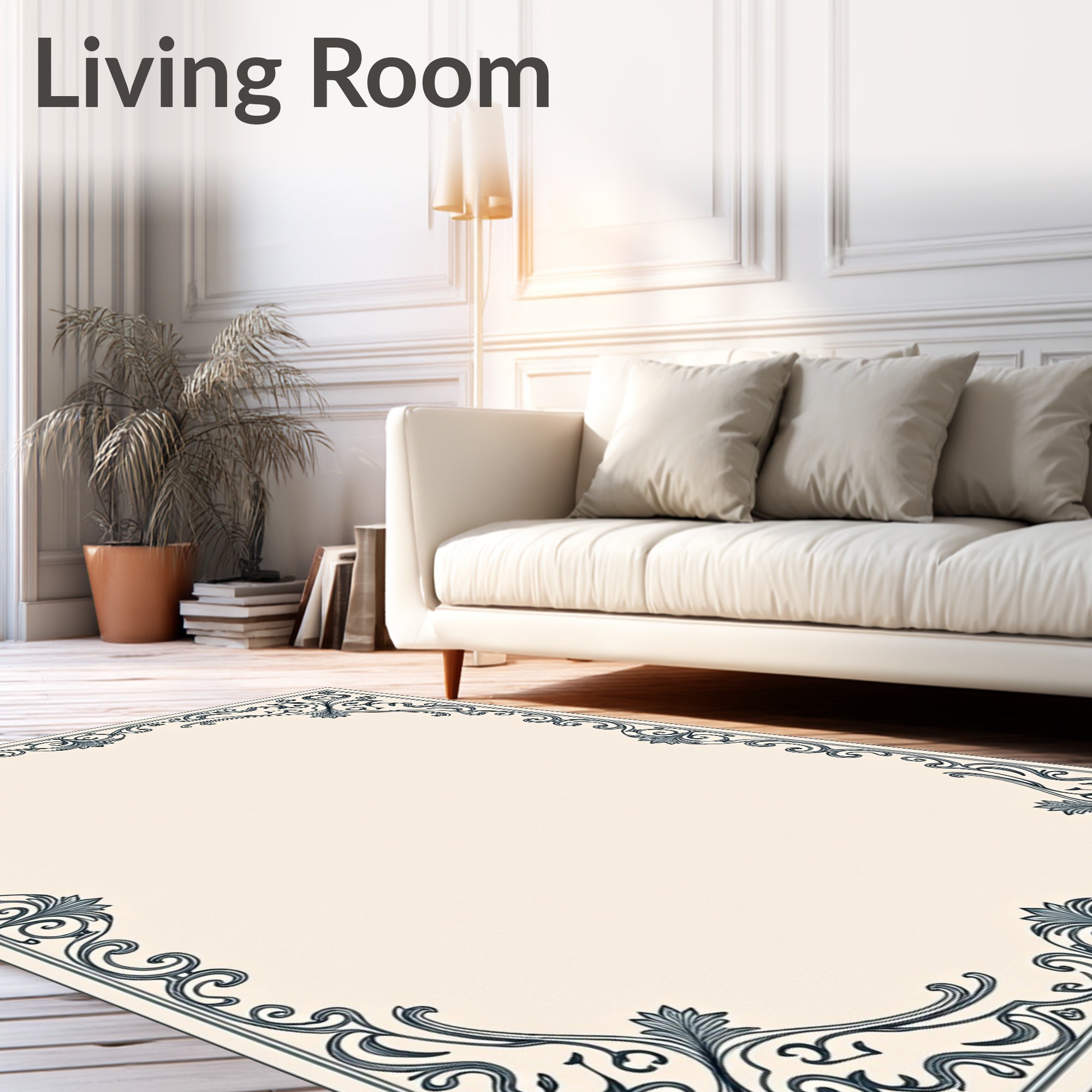 Elegant Black Vine Scroll Border Rug