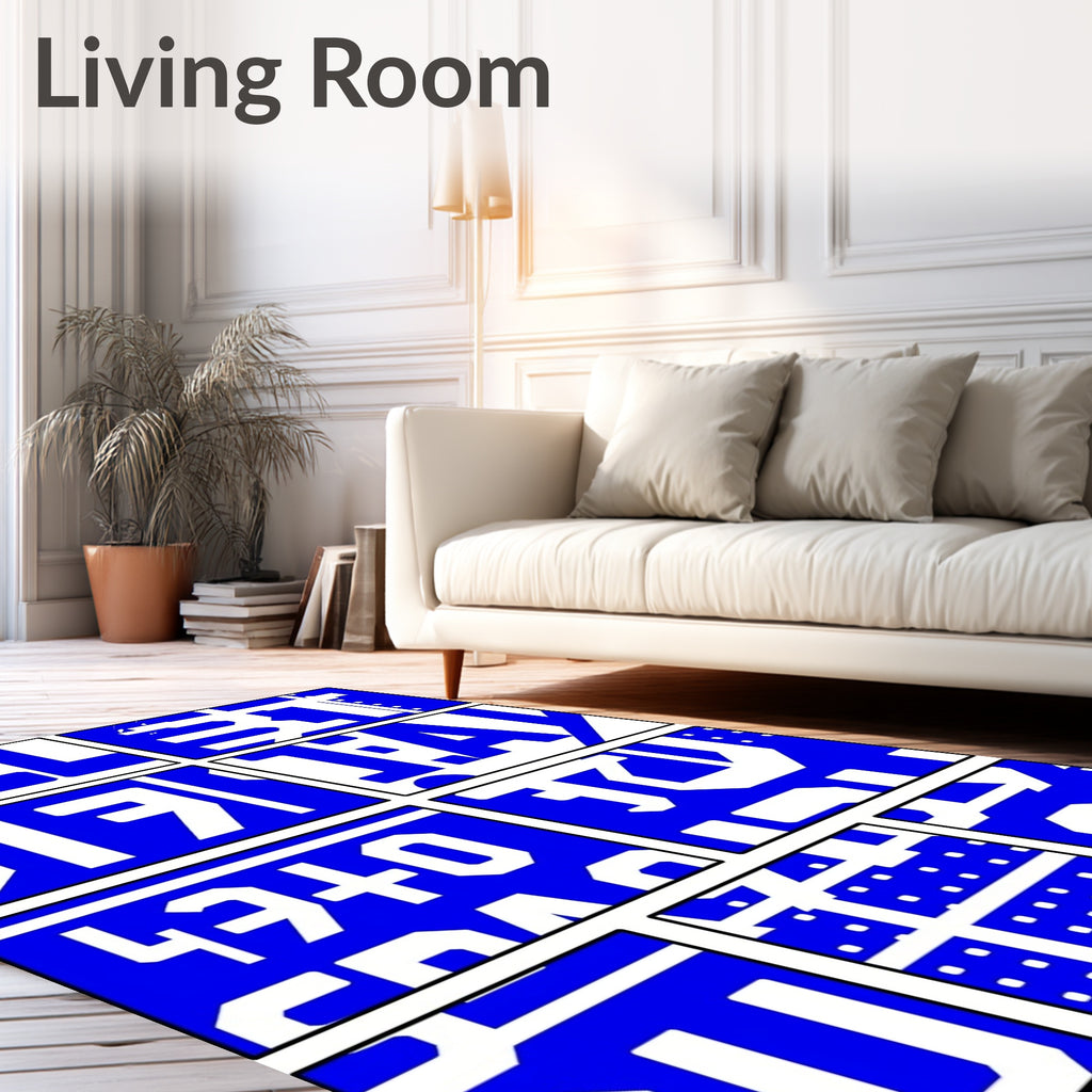 Bold Blue Geometric Text Collage Rug