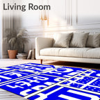 Bold Blue Geometric Text Collage Rug