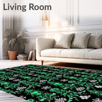 Emerald Green Ornate Floral Black Rug