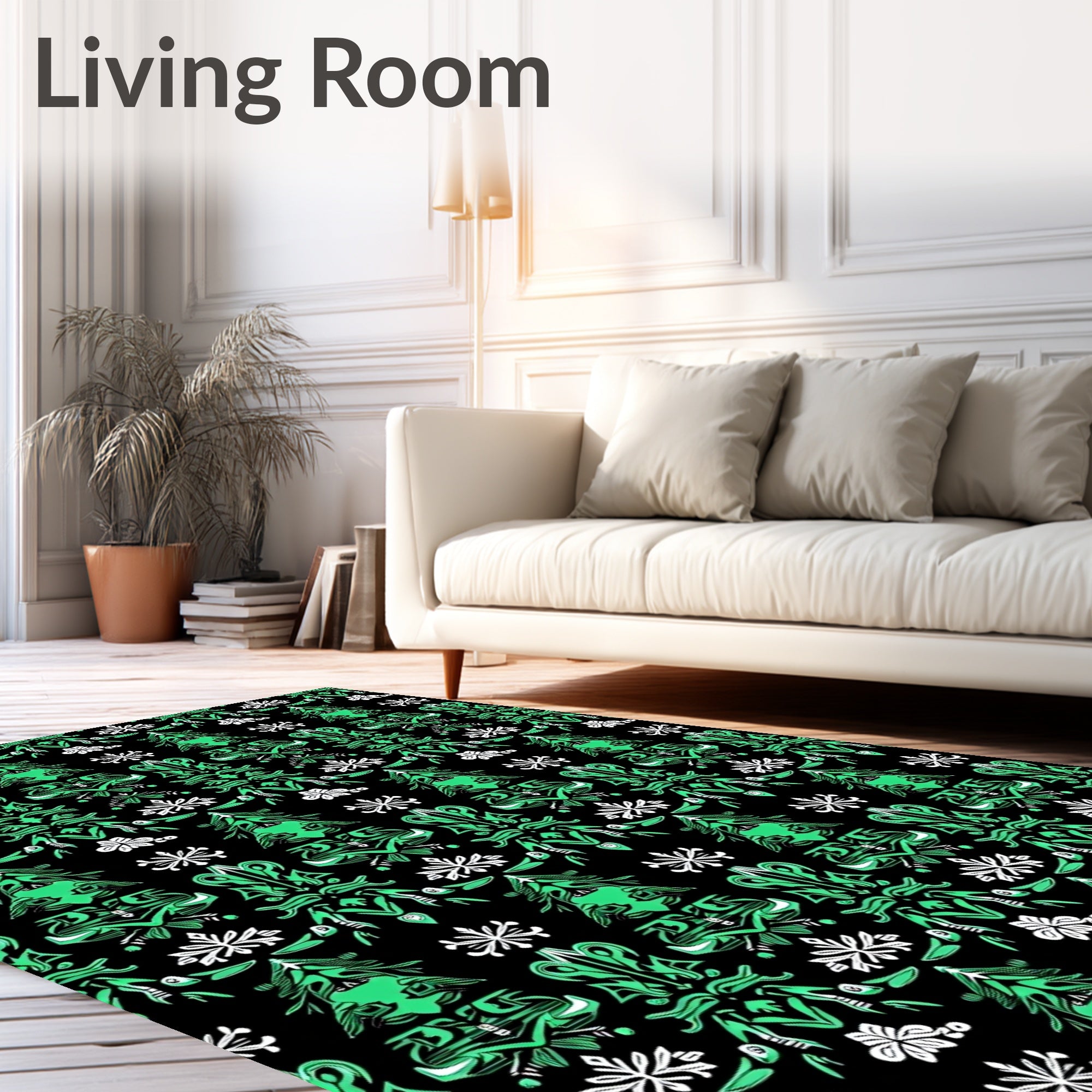 Emerald Green Ornate Floral Black Rug