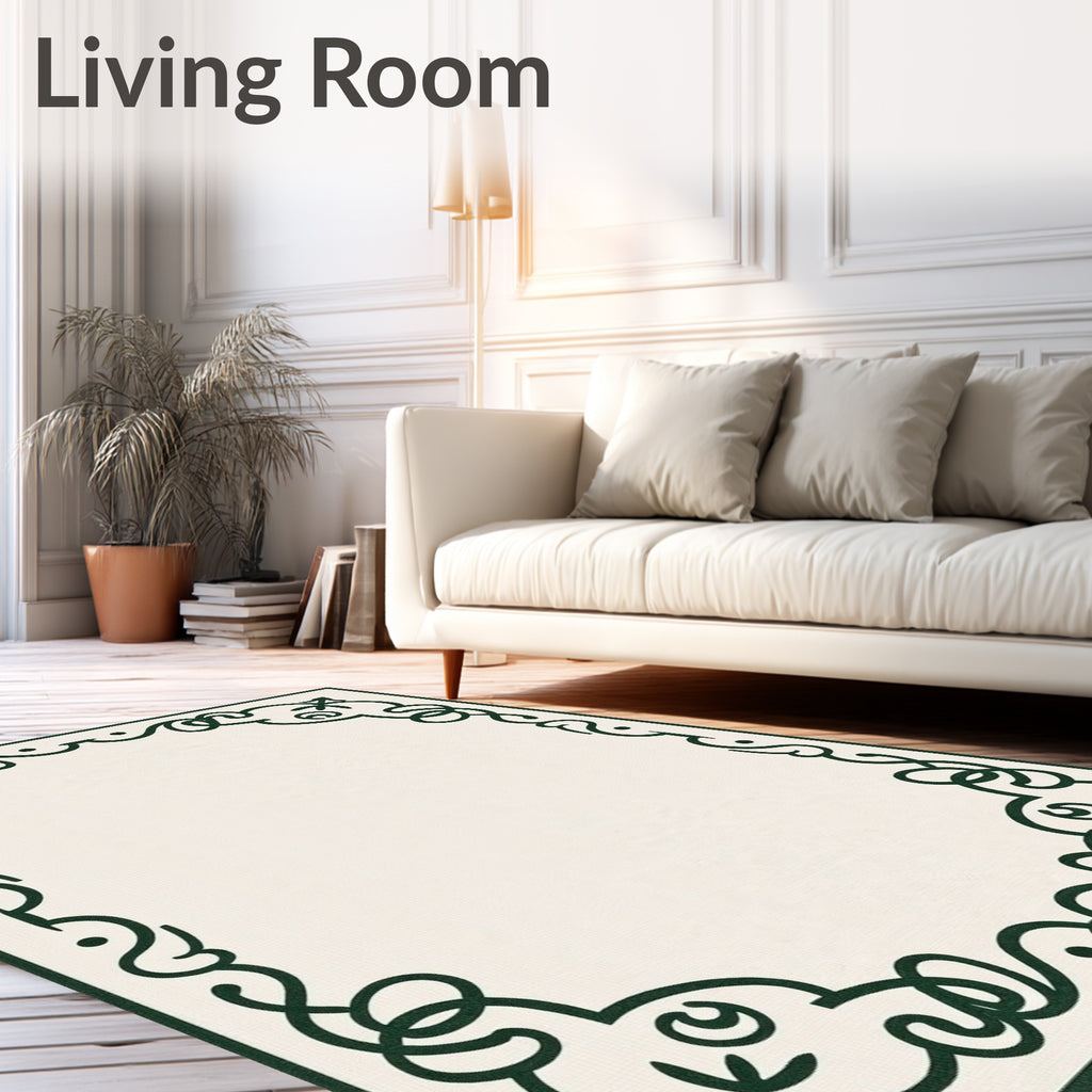 Dark Green Ornate Scroll Border Rug