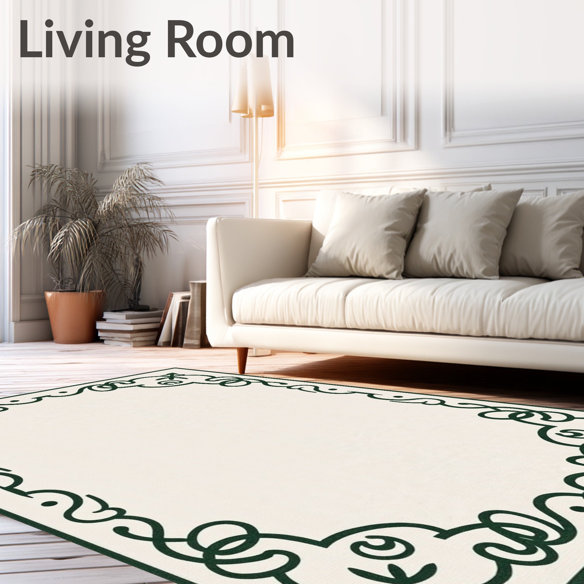 Dark Green Ornate Scroll Border Rug