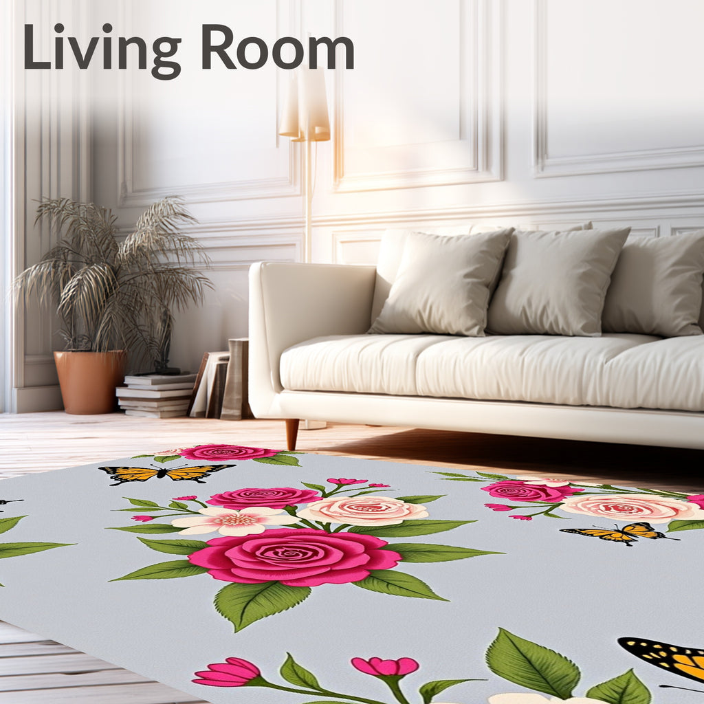 Pink Rose Butterfly Garden Whimsy Rug