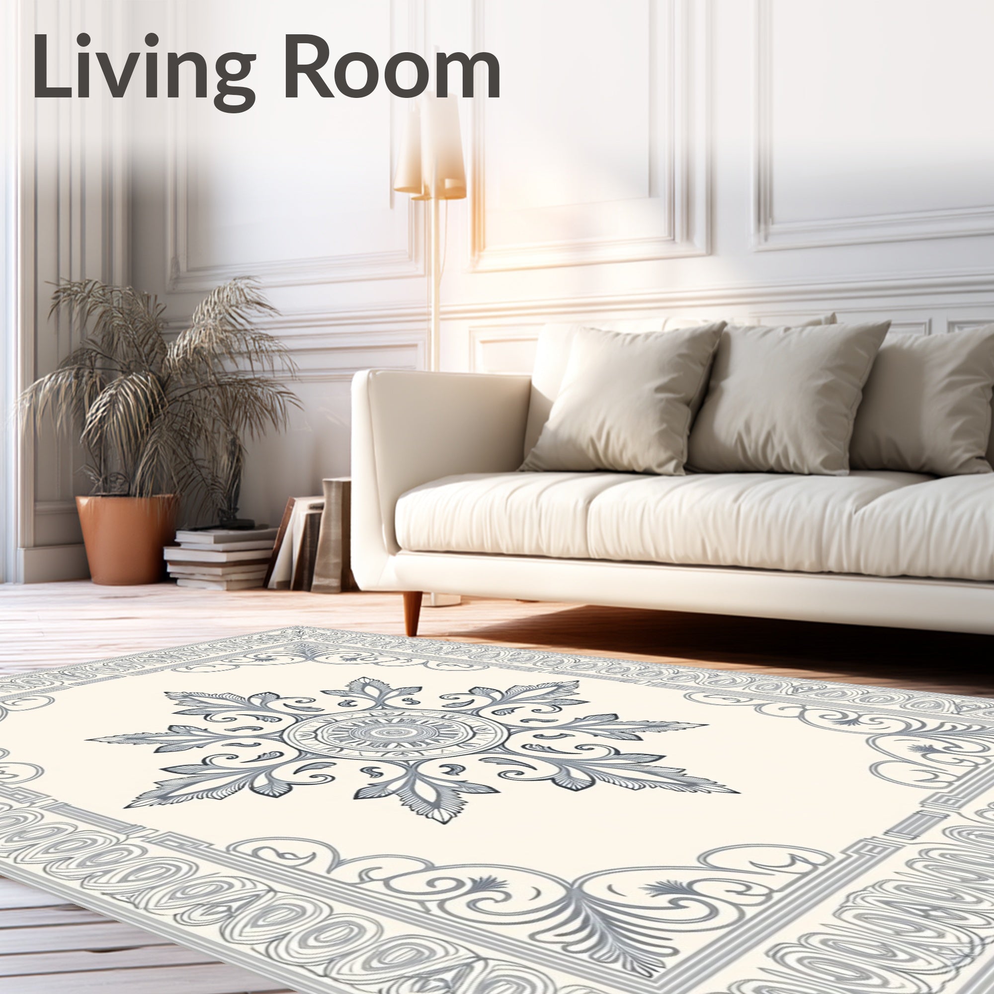 Ornate Gray Floral Medallion Border Rug