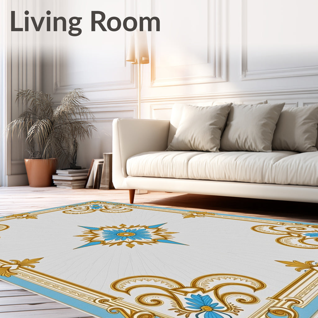 Ornate Blue Gold Floral Medallion Border Rug