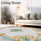 Ornate Blue Gold Floral Medallion Border Rug
