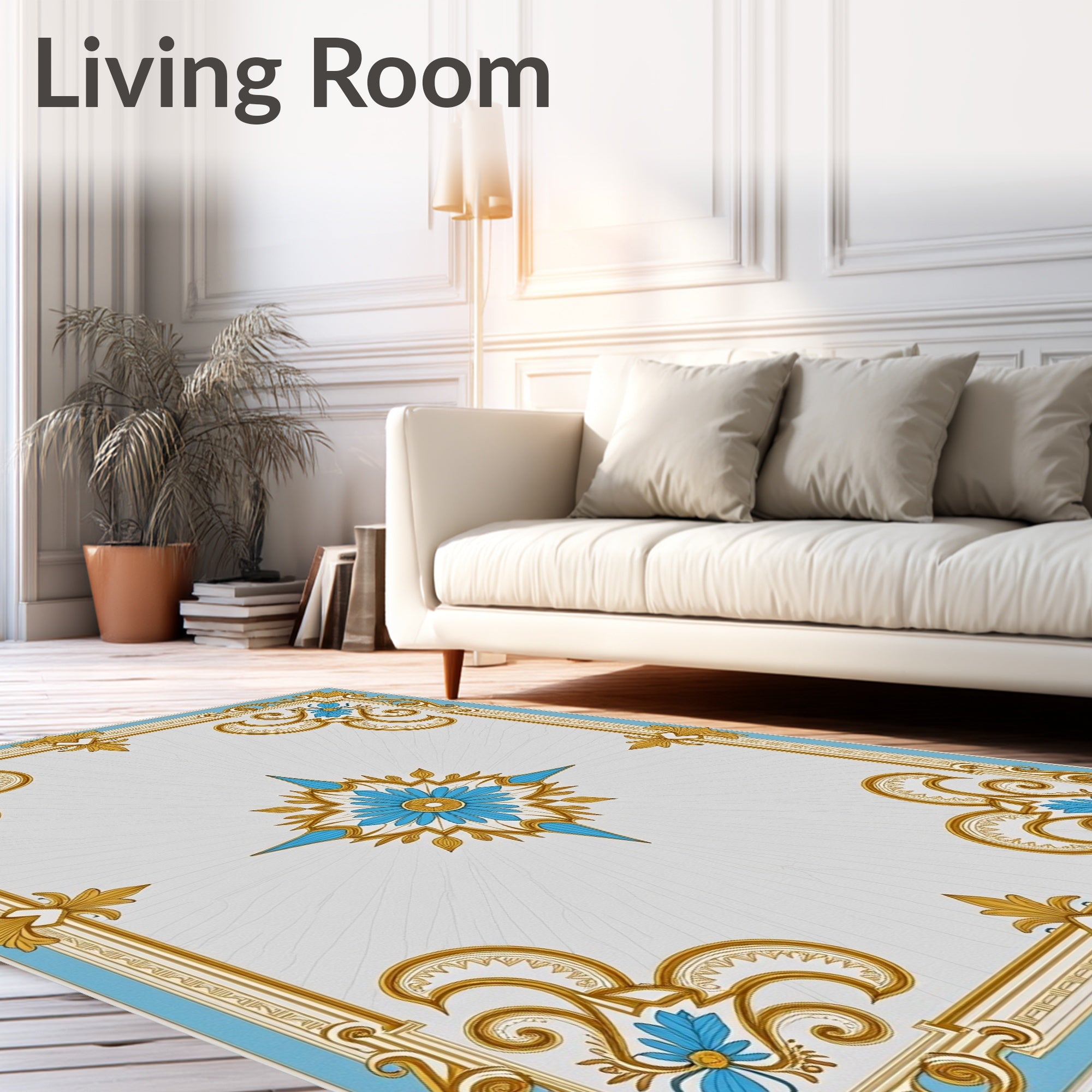 Ornate Blue Gold Floral Medallion Border Rug