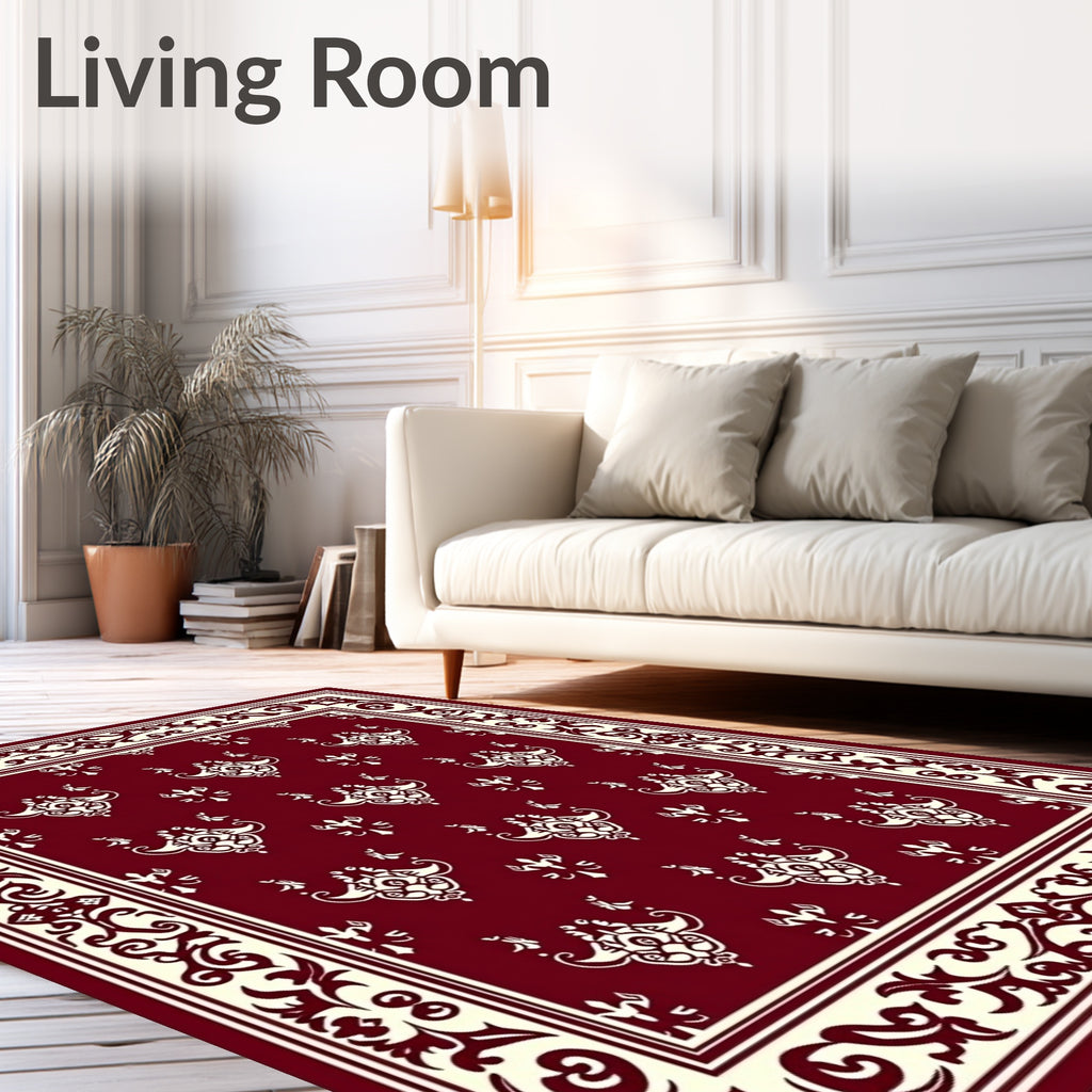 Crimson Cream Damask Floral Border Rug