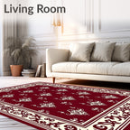 Crimson Cream Damask Floral Border Rug