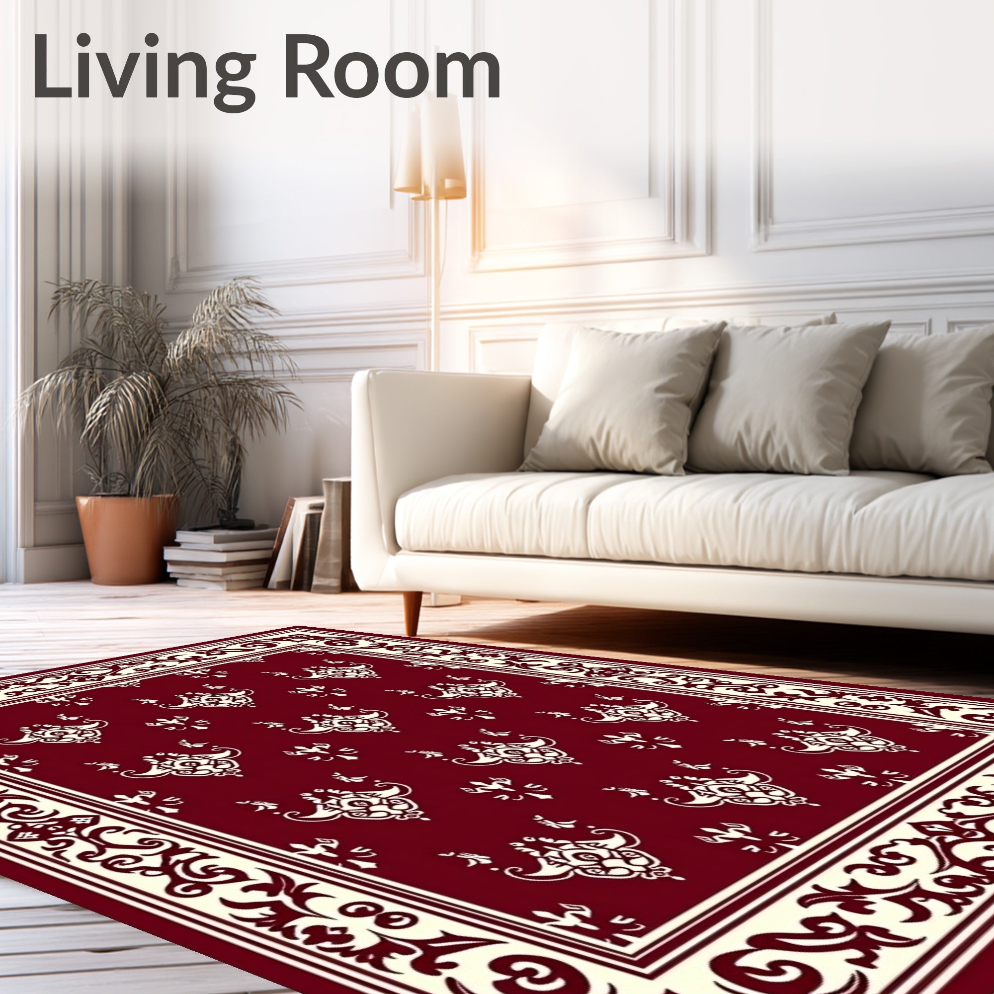 Crimson Cream Damask Floral Border Rug