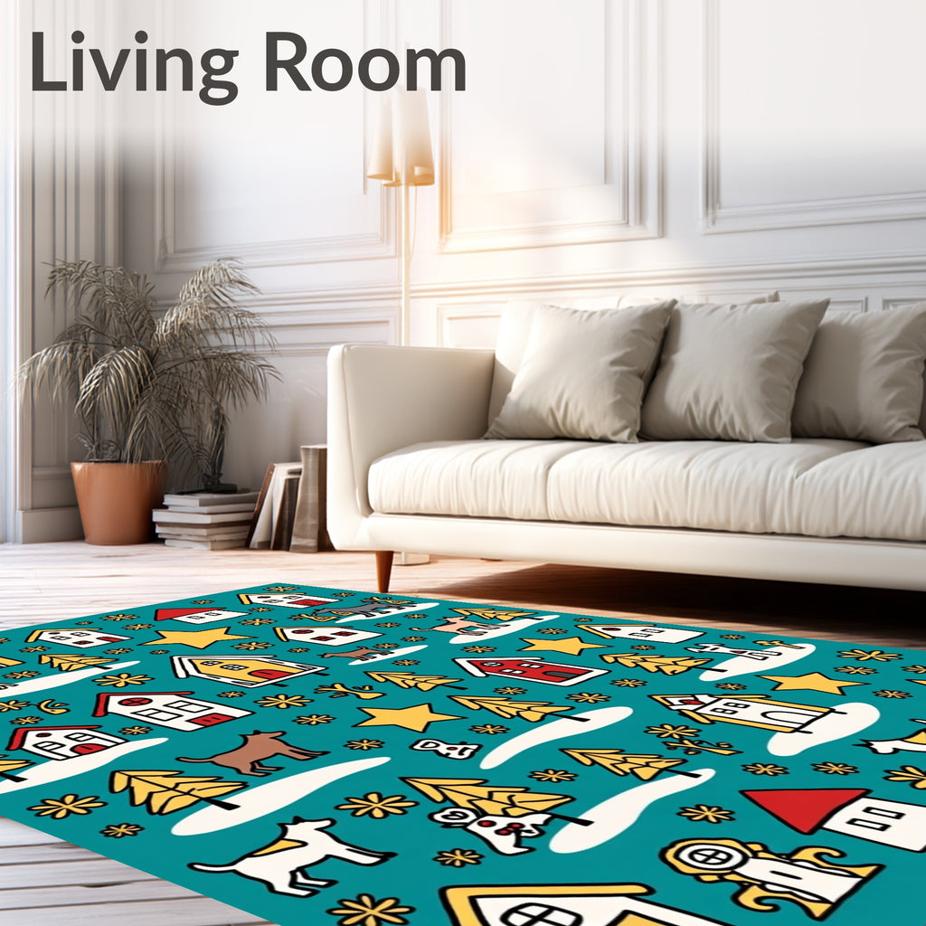 Holiday Village Dog Snowy Star Scene Rug