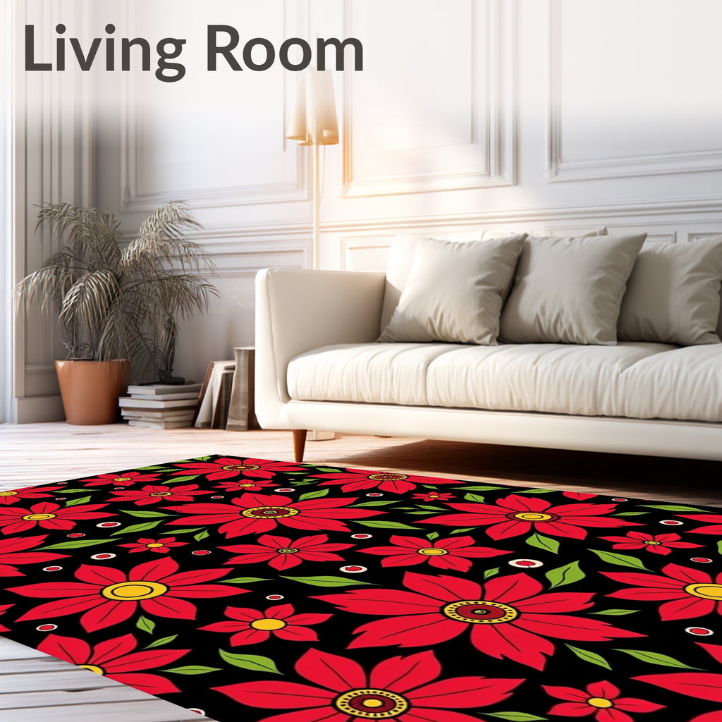 Bold Red Floral Garden Black Rug