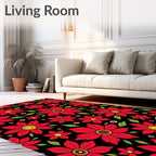 Bold Red Floral Garden Black Rug