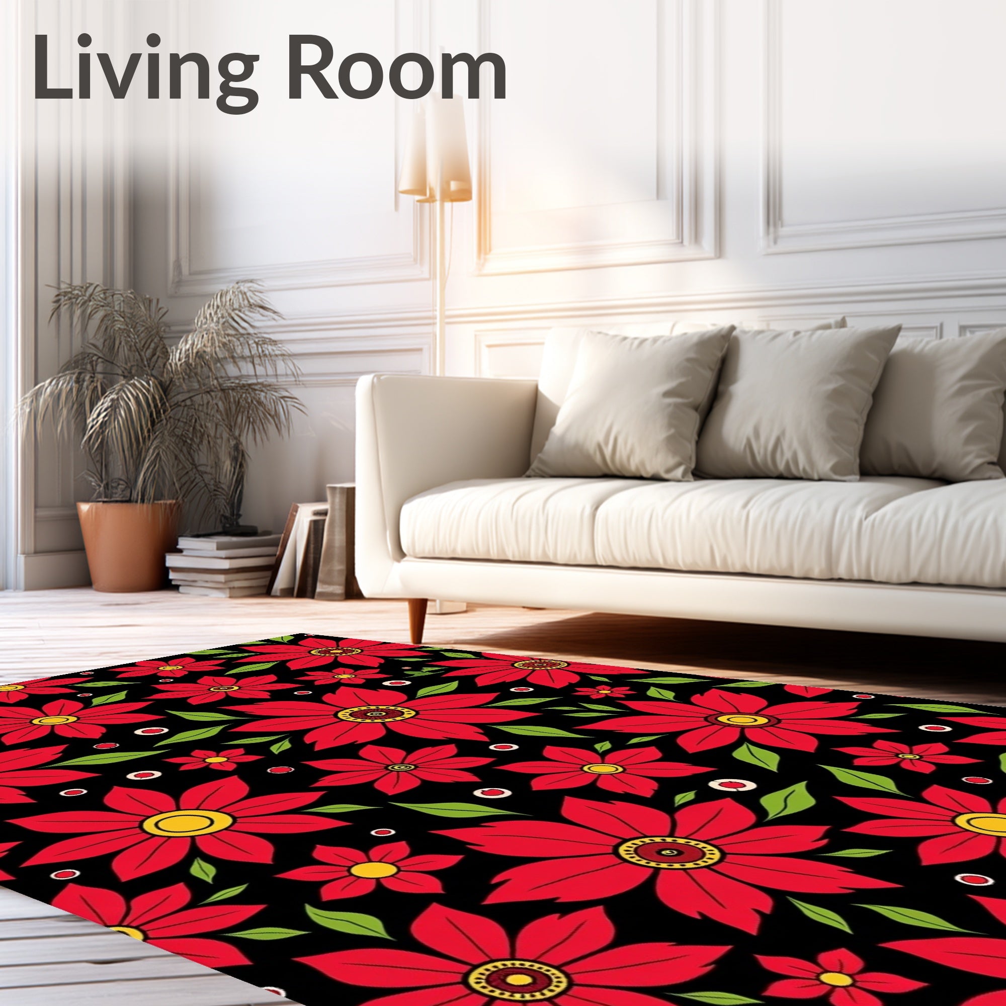 Bold Red Floral Garden Black Rug
